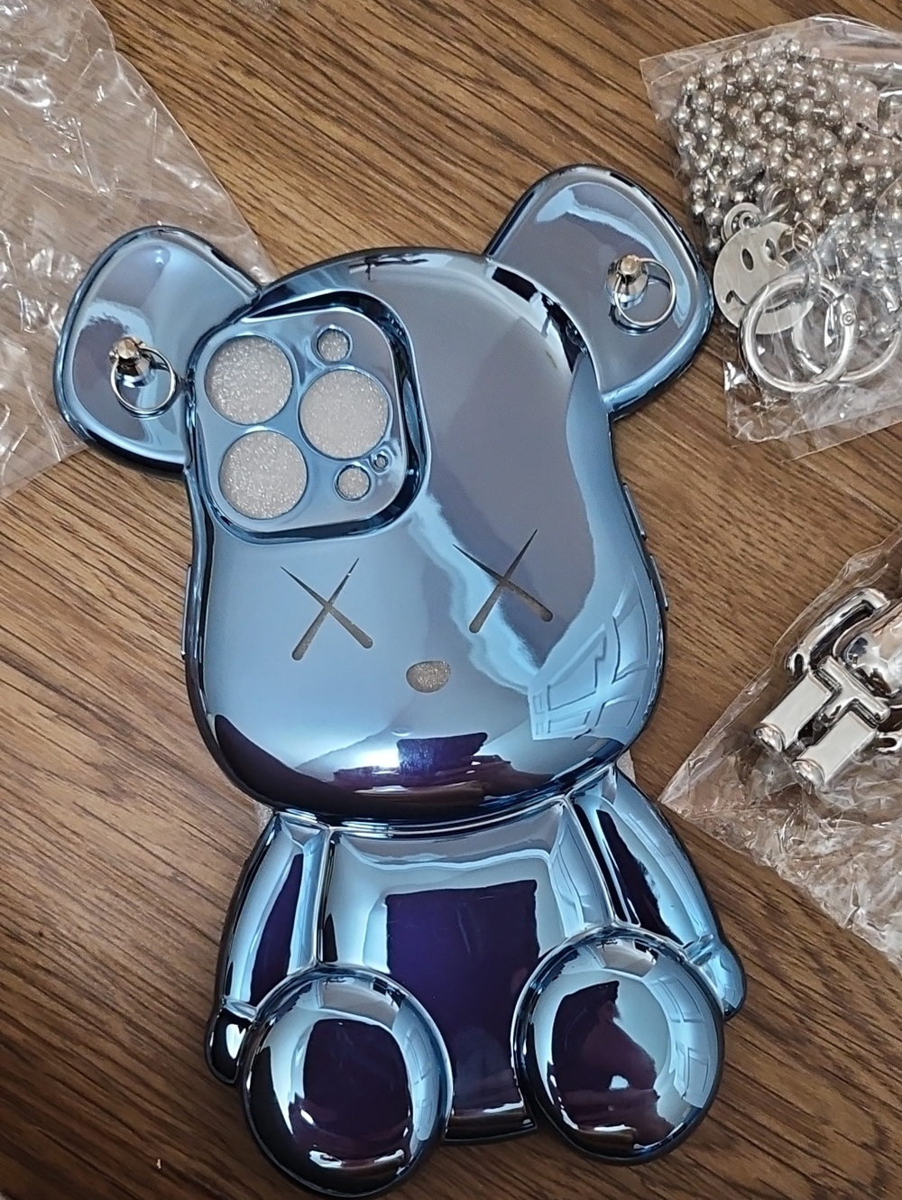 Blue Metallic Bear Phone Case with Silver Bear Bell Keychain Iphone 13 Pro Max - Picture 5 of 7